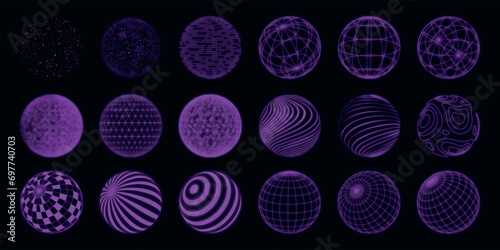 Abstract lines. 3D figure grid. Dot globe shapes. Explosion space sphere. Round molecular particle. Neon purple. Concentric circles. Network connection. Geometric icon. Vector elements set