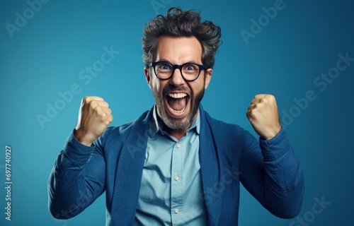 happy, portrait, adult, male, man, joyful, happiness, person, young, achievement. confident businessman or corporate employee put on casual clothes and stand up winner gesture poses middle it.