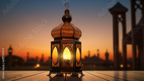 Traditional ornate lantern with a lit candle inside is placed on a wooden surface against the blurred backdrop. Ramadan celebration. photo