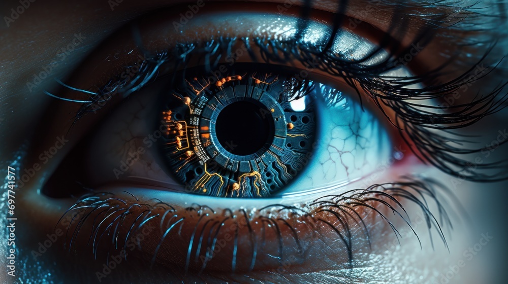 eye, iris, security, ai, futuristic, artificial intelligence, innovation, future, intelligence, identity. close up of human eye with HUD interface. technology digital program futuristic applications.