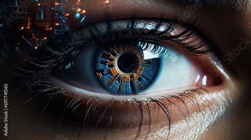 eye, iris, security, ai, futuristic, artificial intelligence, innovation, future, intelligence, identity. close up of human eye with HUD interface. technology digital program futuristic applications.