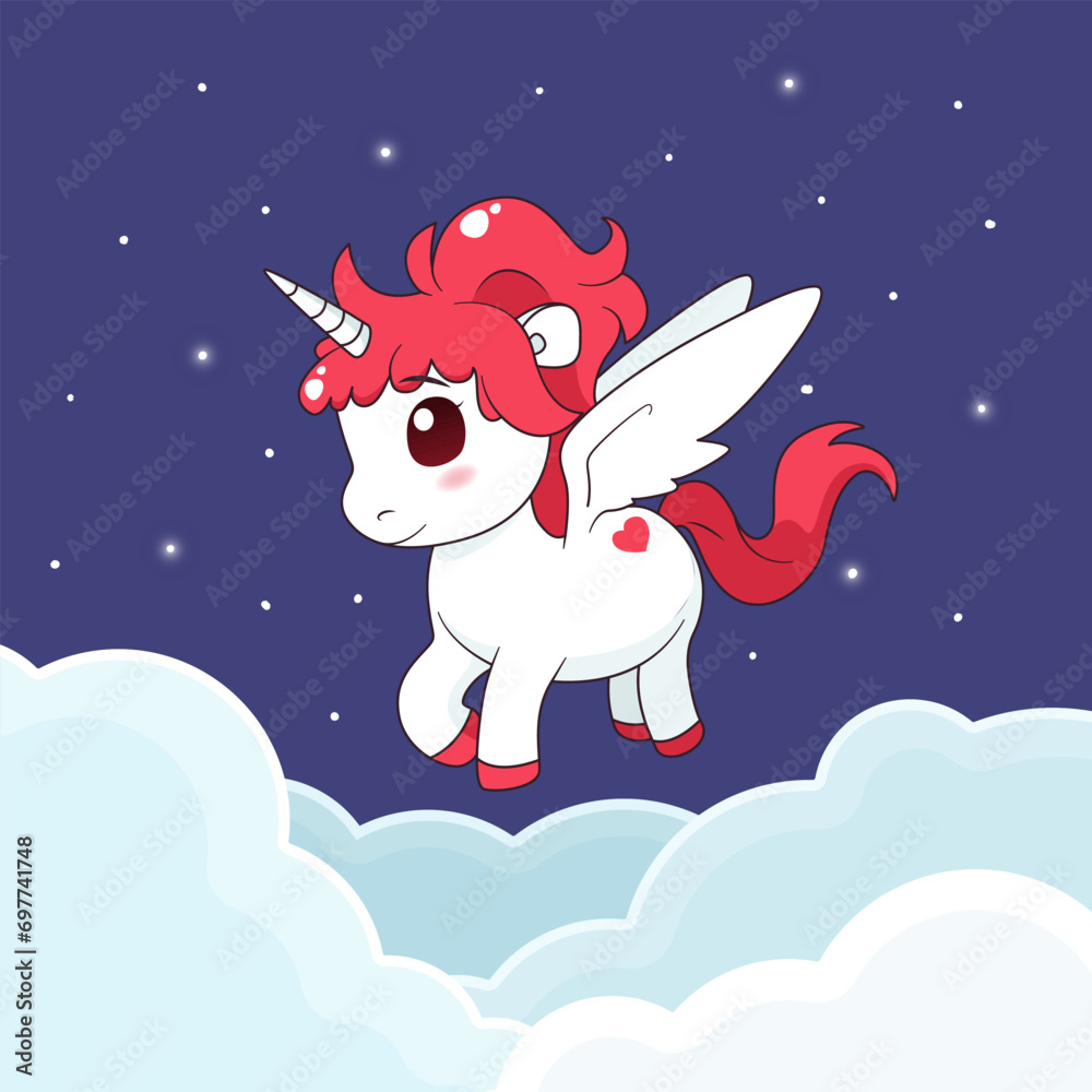 Cute cartoon unicorn with wings flying in the sky. isolated vector illustration with magic animal, clouds, stars. Flat art for print, posters, covers and etc.