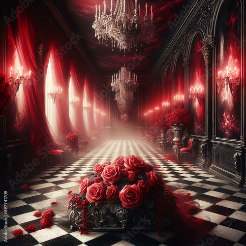 A black and white checkered floor with red roses, gothic mansion room, red room, gothic romance, exquisitely designed throne room, gothic art, red rose and candles