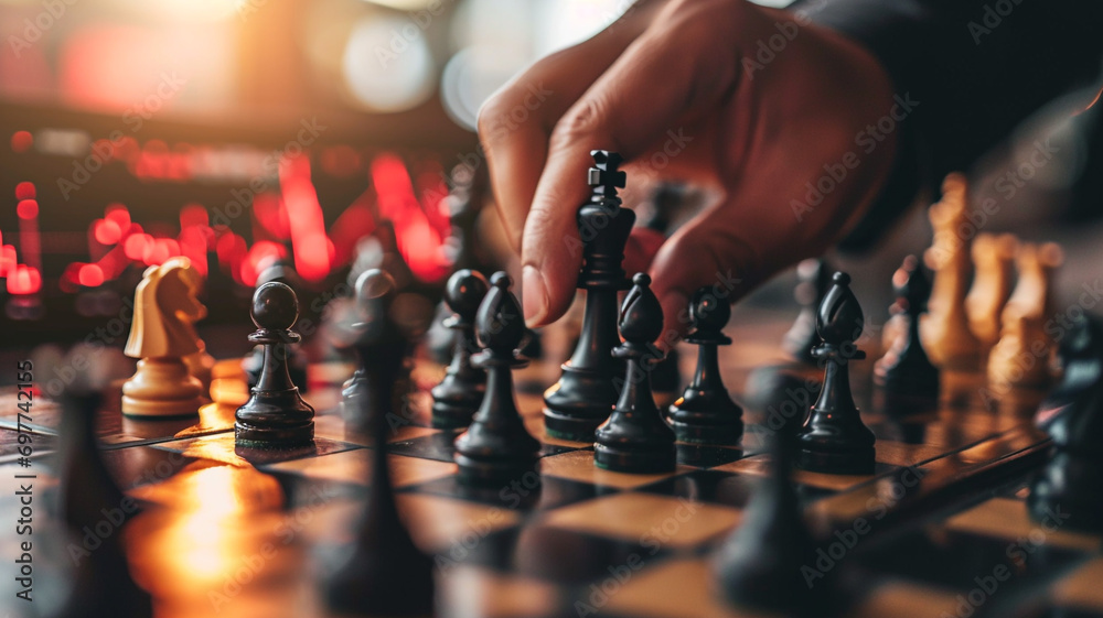 hands of people playing chess on the table, investing and doing business like playing chess concept on stock market background - obrazy, fototapety, plakaty 