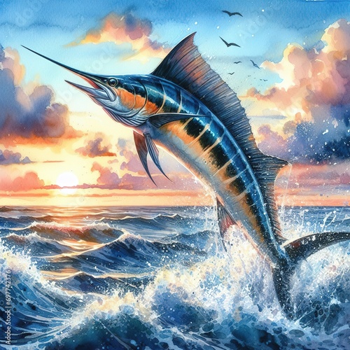 A large marlin swims in the sea. Generative AI