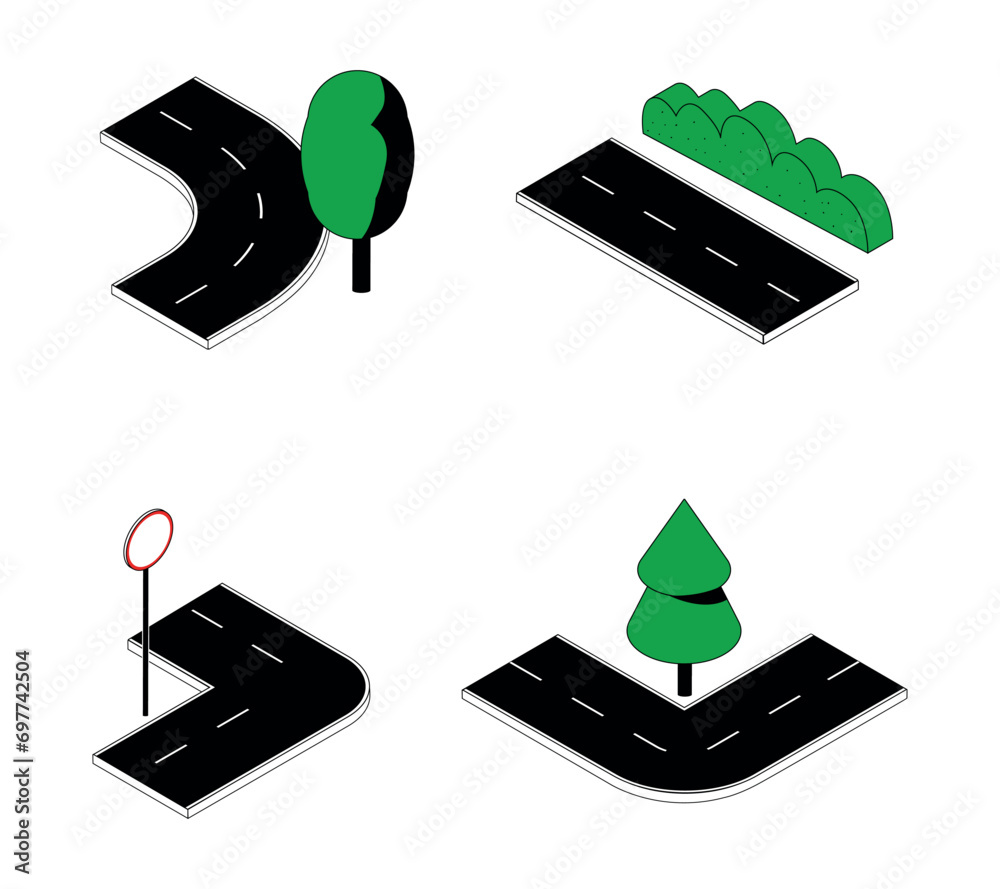 Road parts. City street blocks with crossroads and crosswalk. Isometric