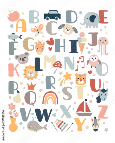 Animal alphabet. Baby Boho nursery uppercase letters. Bohemian poster with cute rainbow and clouds. English ABC font. Magic child map. Kids education. Vector vocabulary poster design