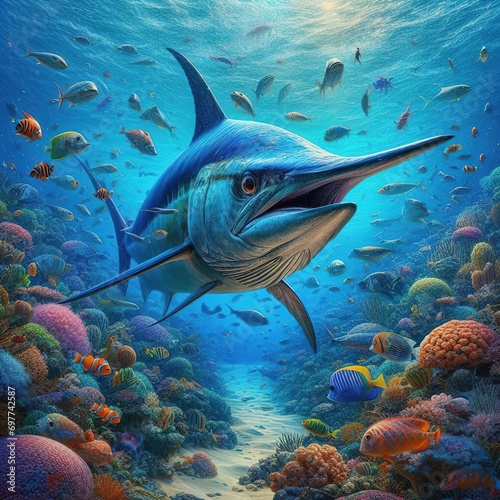 A large marlin swims in the sea. Generative AI