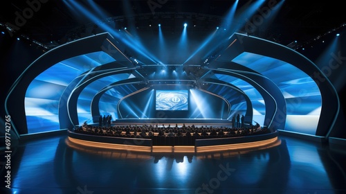 Modern Annual Meeting Stage Design, Rectangular LED Screen, Central elongated LED screen. Generative AI.