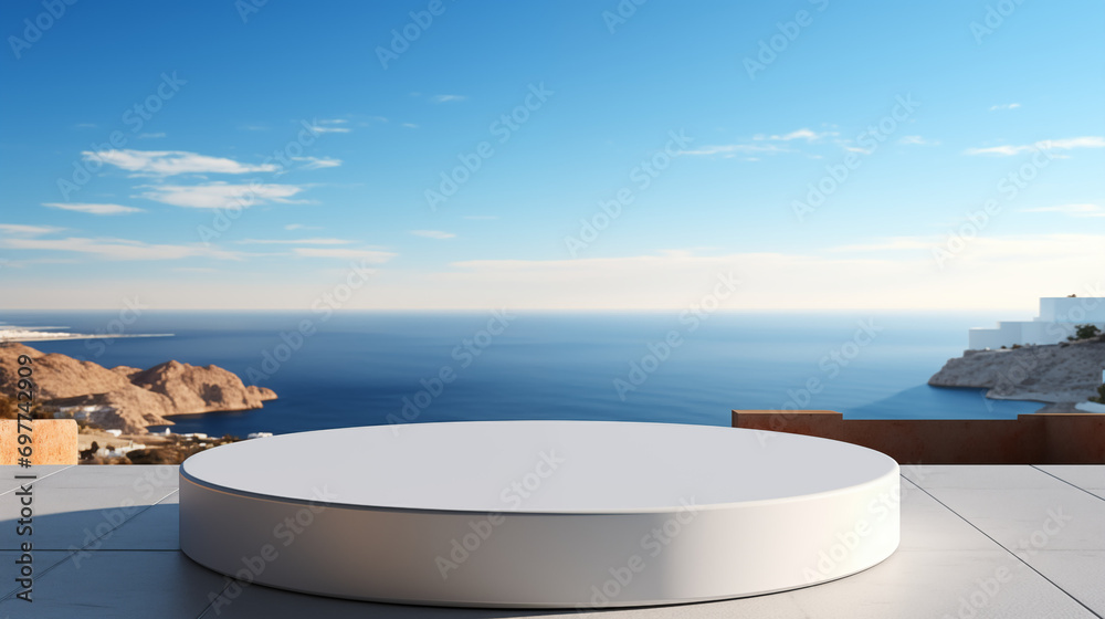 An empty podium or pedestal on a white platform for displaying products, with a sea in the background. space for text
