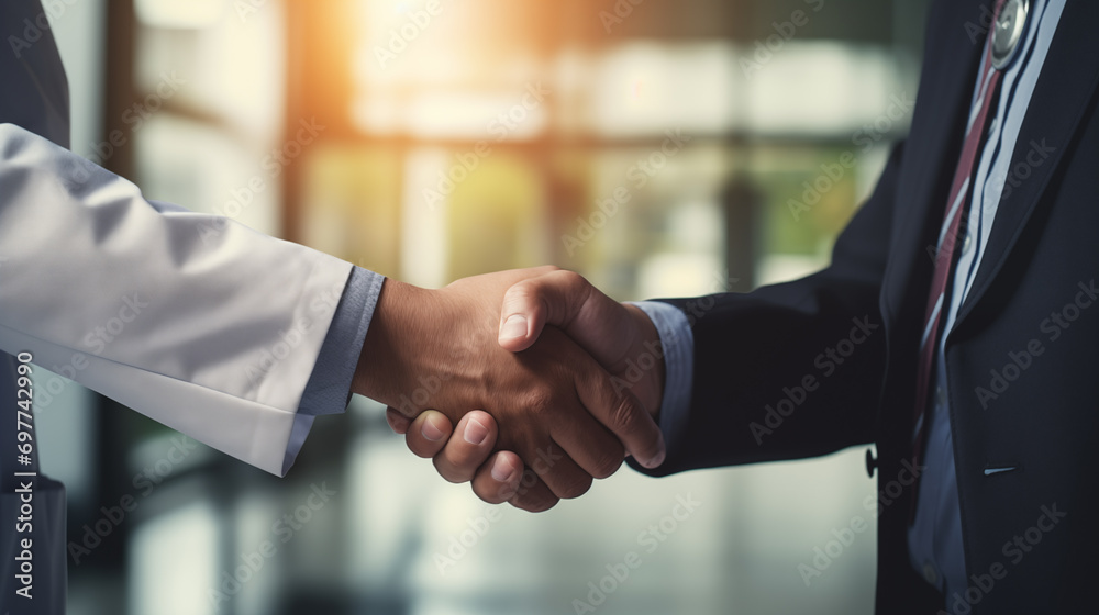 A close - up handshake between a doctor and a patient in a medical office - obrazy, fototapety, plakaty 