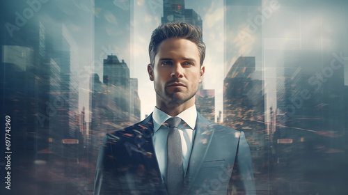 double exposure businessman portrait, top manager on the background of a big city. confident leader, CEO of a big company. concept of business, finance, career