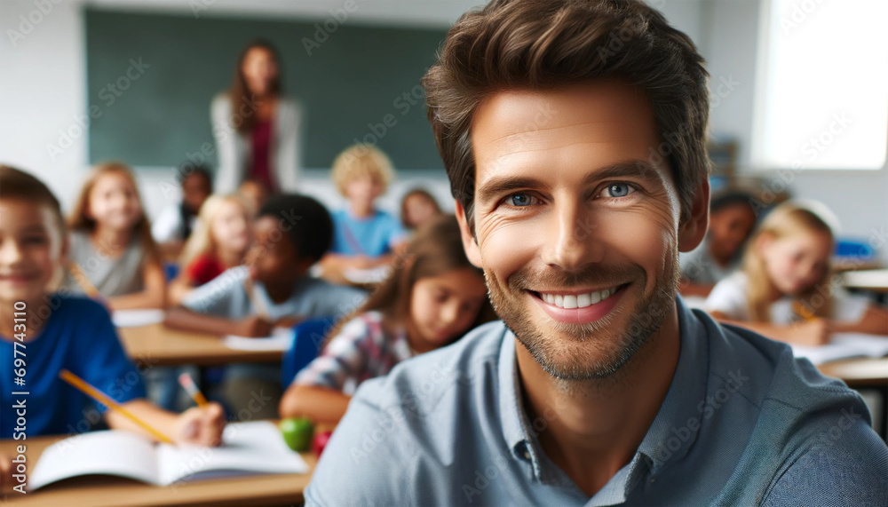portrait of a smiling male teacher in a class at an elementary school portrait of a smiling male teacher in a class at an elementary school