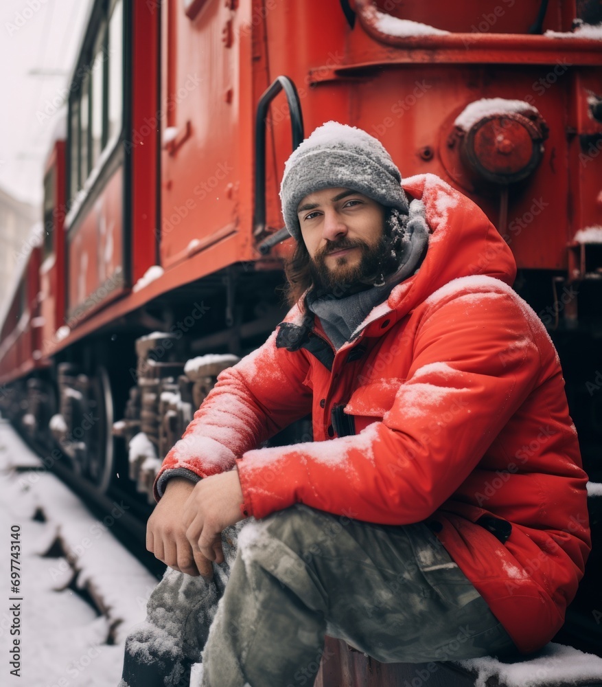 Portrait of a man sitting by the red train. Winter holiday in the mountains. Generative AI