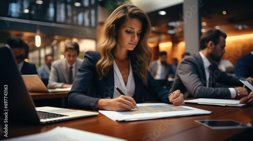 Multi racial diverse group of people working with Paperwork on a board room table at a business presentation or seminar. Generative AI.