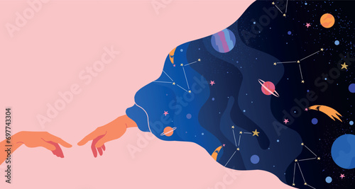 Adam creation. Hands touch in cloud. Cosmos science dream. God together in space galaxy. Universe stars or planets. Arms connect. Creative imagination. Night sky. Vector abstract concept