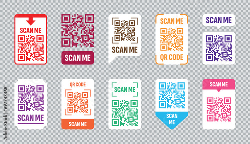 QR code scan. Qrcode design frame. Barcode scanner with white tag for smartphone. Identification label. Mobile pay sticker. Identity pixel sign. Camera scanning. Vector square icons set photo