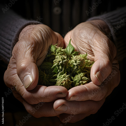 Close-up of an elderly person's hands holding a medical marijuana bud. Health concept.