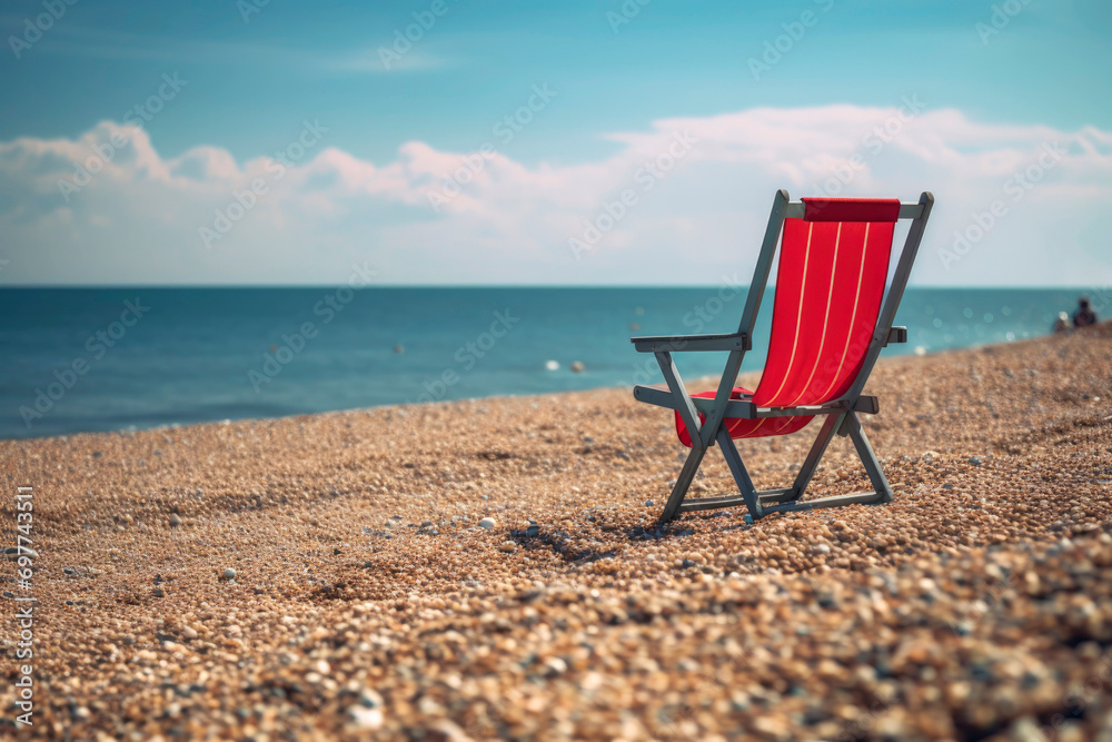 Generative AI illustration of red chair on the shore of the beach