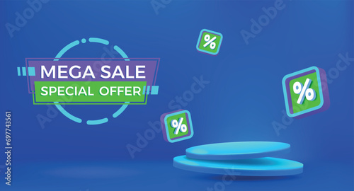 Sale banner. Special offer. 3d empty podium with blue lightning for discount product presentation, neon flash game show, battery sign, mega power scene. Vector design, isolated illustration