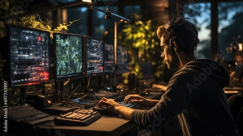 A man write programming code at their setup in night. Generative AI.