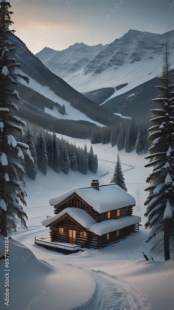 A winter evening in a mountain valley with a small log home covered in snow. AI generated.