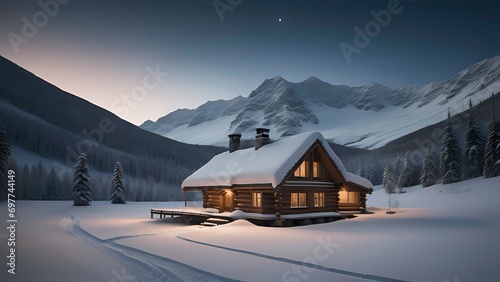 A winter evening in a mountain valley with a small log home covered in snow. AI generated. © Jason Yoder