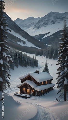 A winter evening in a mountain valley with a small log home covered in snow. AI generated. © Jason Yoder