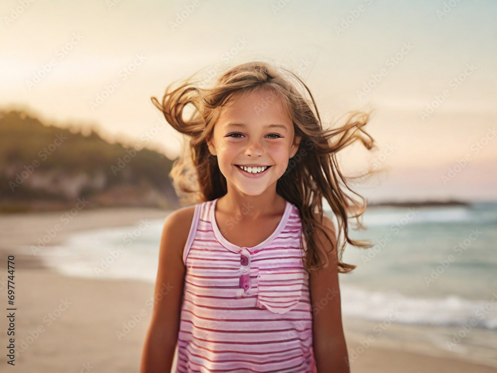 Portrait of a happy smiling child against the background of the sea. Children's holiday by the sea in summer.
