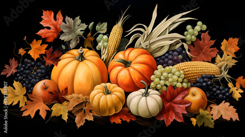 Thanksgiving pumpkins with fruits and falling leaves. AI generative.