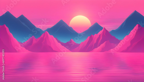 purple ocean sunset in cartoon theme.