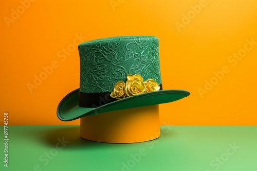 Green top hat with gold roses on orange background. 3d render