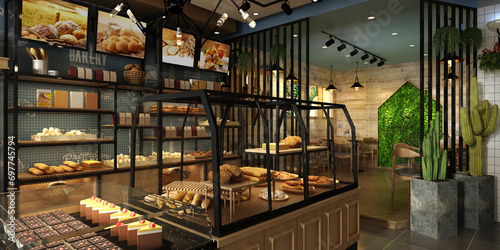 3d render cafe bakery restaurant interior photo