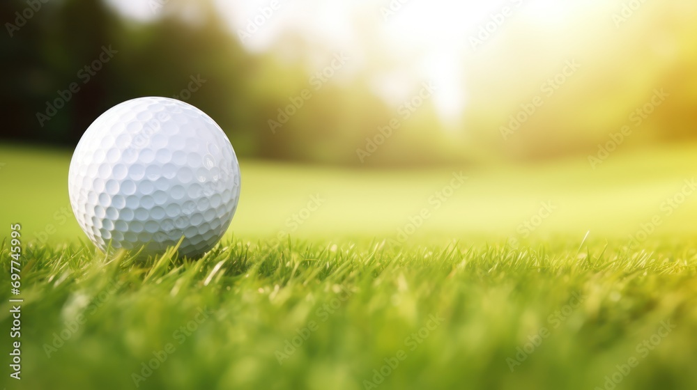 Obraz premium Golf ball on green grass in golf course at sunny day.