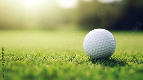 Golf ball on green grass in golf course at sunny day and bokeh on back