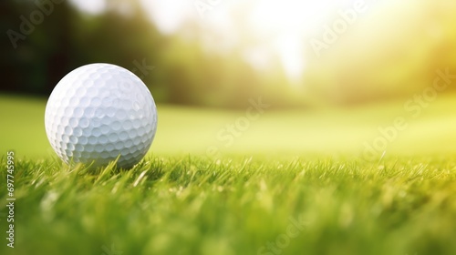 Golf ball on green grass in golf course at sunny day.