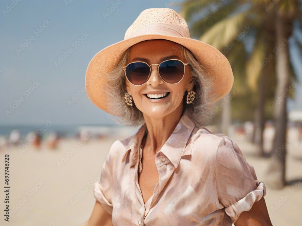 Portrait of a beautiful 50 year old woman wearing a straw hat and sunglasses on the beach