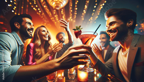 hand holding a glass of pink cocktail, set against a background of people cheering in a nightclub.