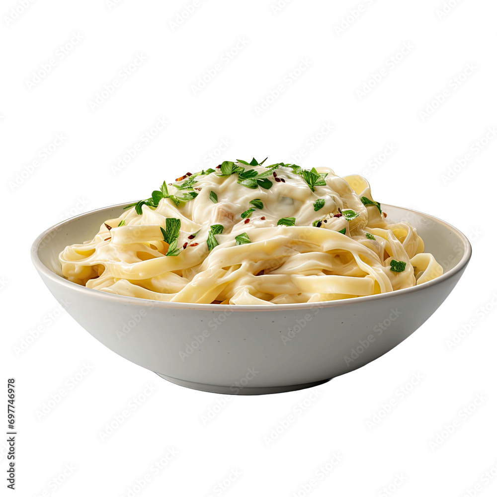 Bowl of fettuccini alfredo with garnish isolated on a transparent background Bowl of fettuccini alfredo with garnish isolated on a transparent background