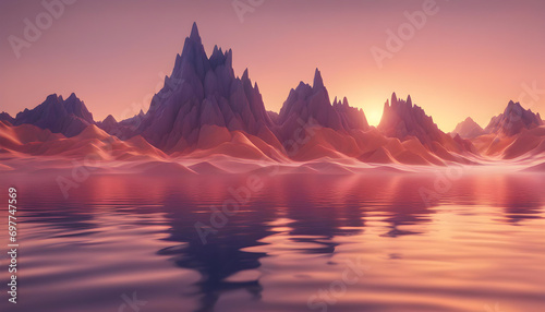  Abstract landscape of mountainous landforms and water at sunset or sunset.