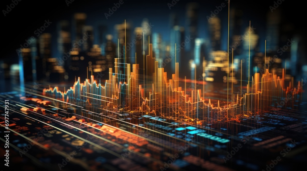 business, financial, finance, graph, investment, growth, stock, analysis, technology, chart. data finance analyzes profitability of working companies with digital augmented reality graphics via AI. - obrazy, fototapety, plakaty 