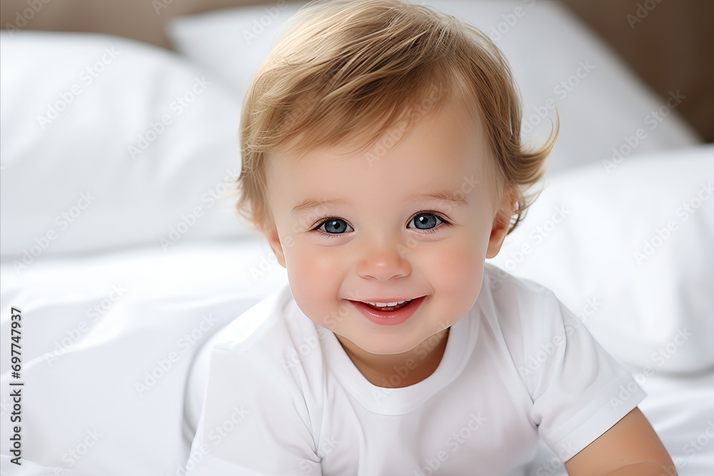 Delighted Infant Engaging in Playful Activities, Surrounded by Spacious Copyspace in Bedroom Delighted Infant Engaging in Playful Activities, Surrounded by Spacious Copyspace in Bedroom