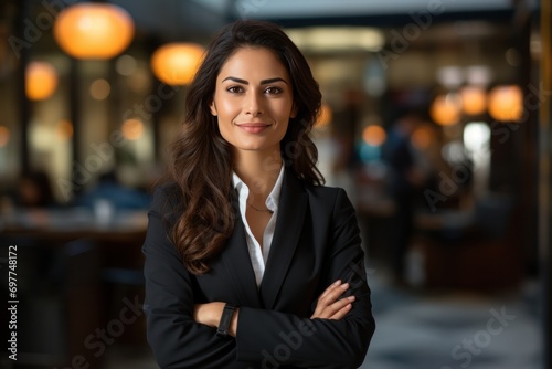 portrait, business, businesswoman, office, opportunity, co-worker, working space, leadership, smile, elegance. portrait image is close up businesswoman at working space. behind have office asset.