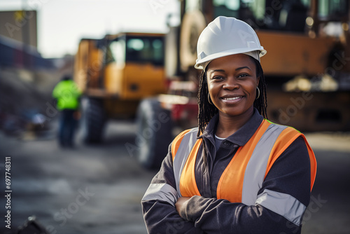 Portrait of confident black female construction worker at construction site