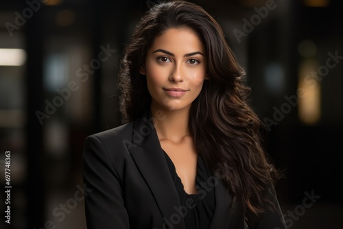 portrait, business, businesswoman, office, opportunity, co-worker, working space, leadership, smile, elegance. portrait image is close up businesswoman at working space. behind have office asset.