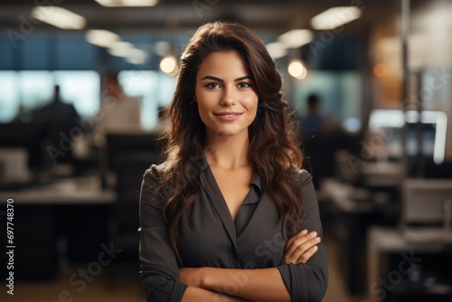 portrait, business, businesswoman, office, opportunity, co-worker, working space, leadership, smile, elegance. portrait image is close up businesswoman at working space. behind have office asset.