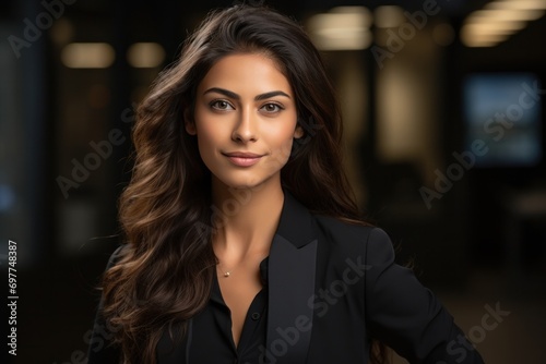 portrait, business, businesswoman, office, opportunity, co-worker, working space, leadership, smile, elegance. portrait image is close up businesswoman at working space. behind have office asset. © sornthanashatr