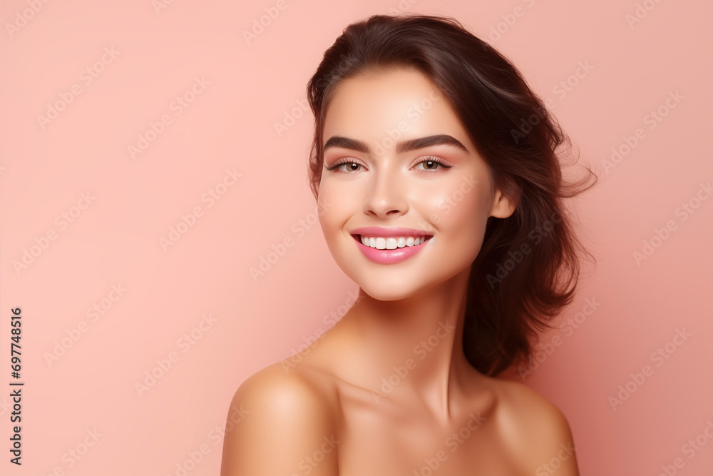 Portrait of smiling beautiful young woman. Pink background. Portrait of smiling beautiful young woman. Pink background.