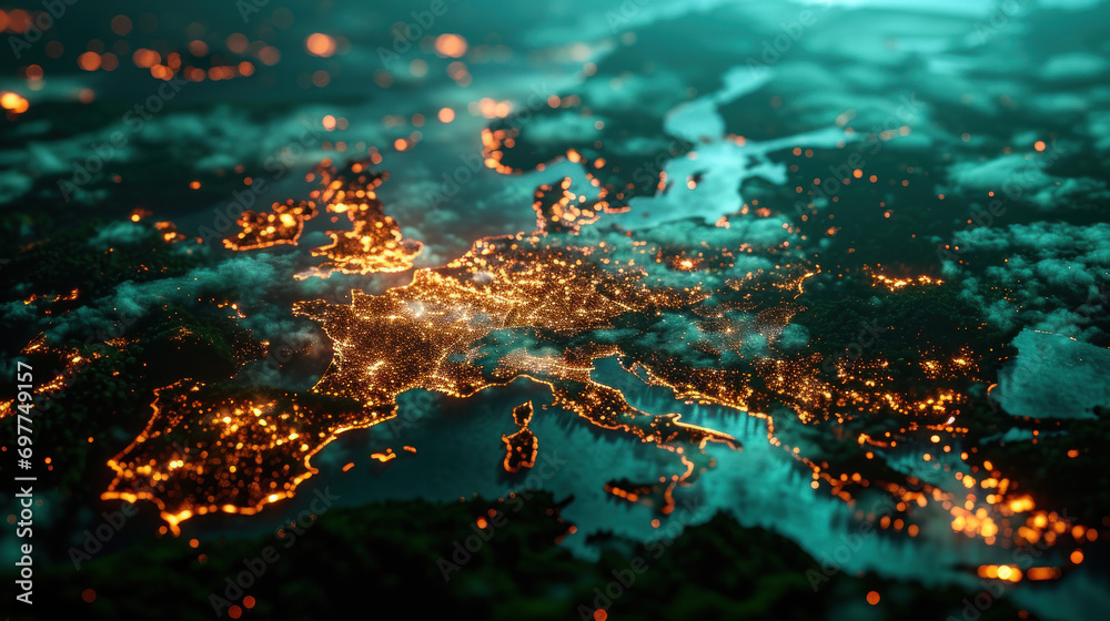 green glowing silhouette of Europe. Generative AI green glowing silhouette of Europe. Generative AI