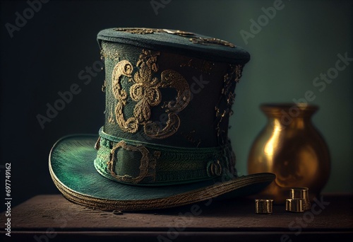 Green St. Patrick's Day hat with a cutout of a pot of gold. Generative AI